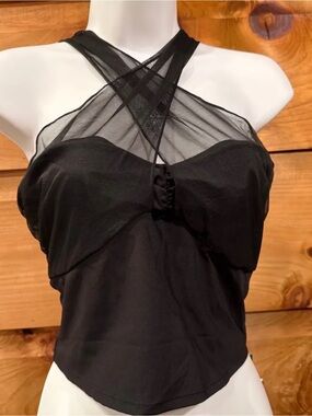 HALARA Black Cross-Strap Mesh Halter Tank